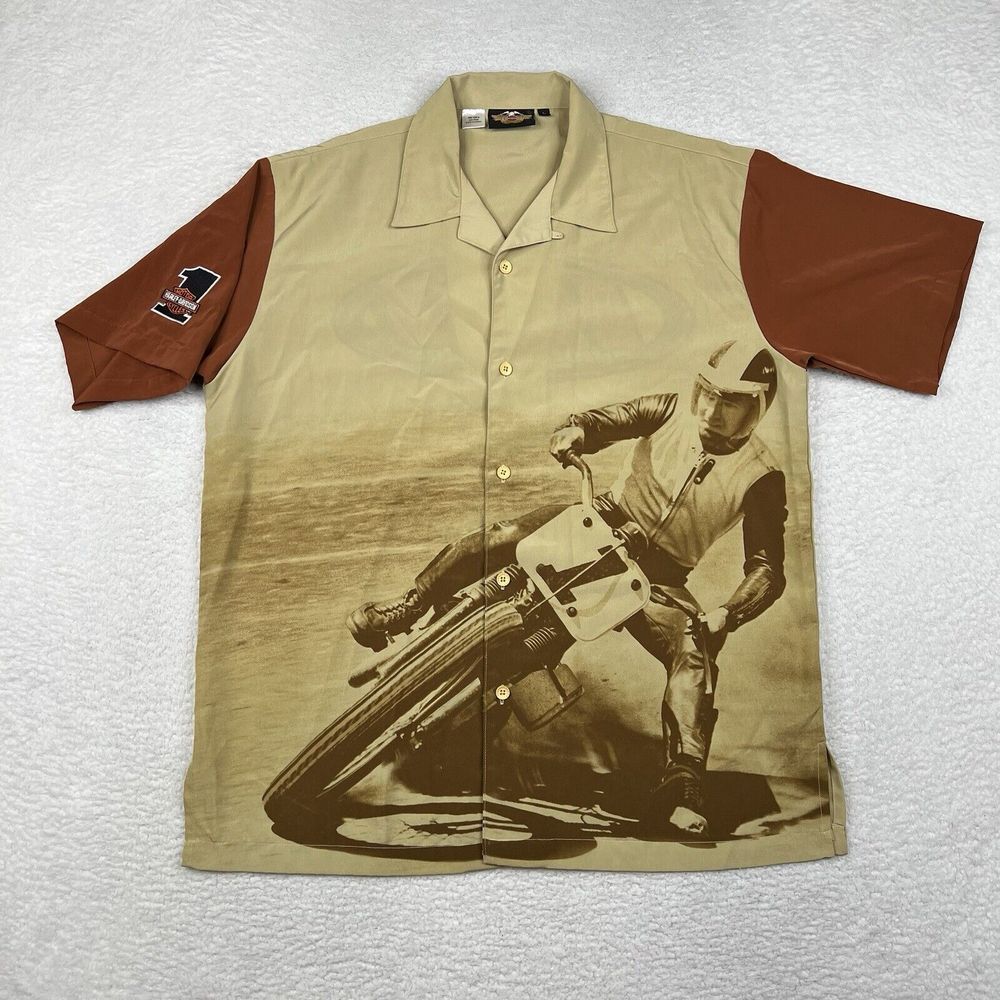 Vintage Harley Davidson Shirt Mens Large Beige Y2K Race Legend Leslie Parkhurst